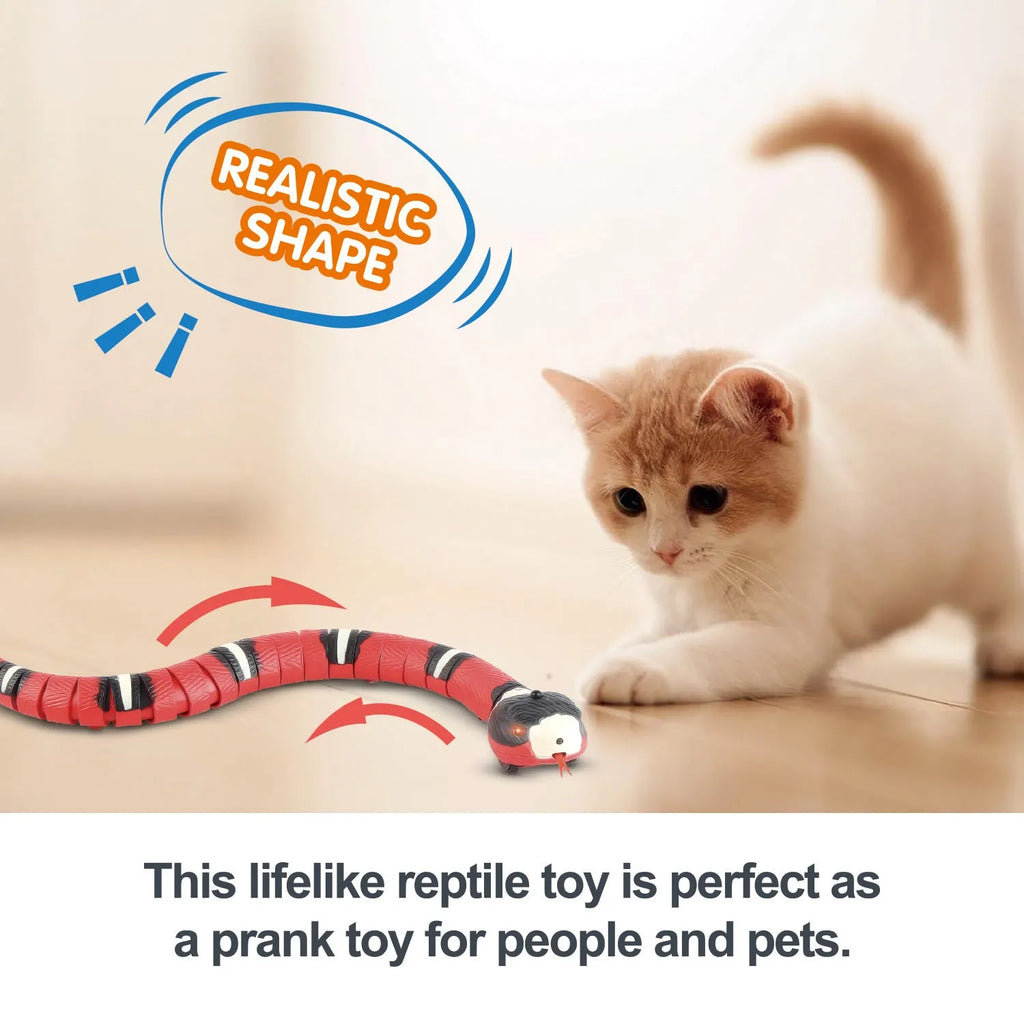 Smart sensing electronic snake cat toy with segmented body on floor