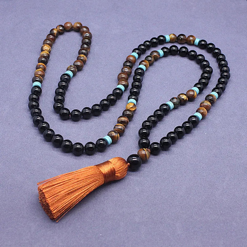 Black agate bracelet and tigereye stone necklace jewellery set with geometric design
