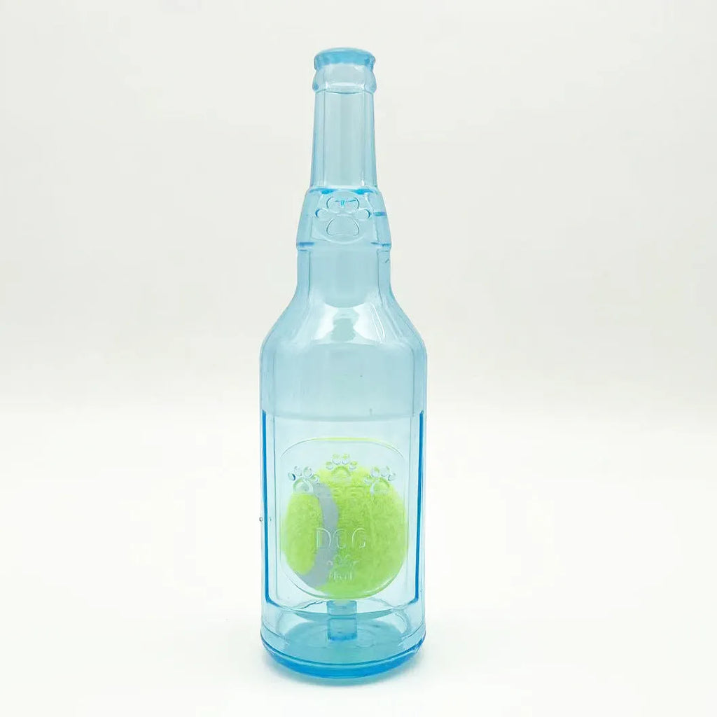 Blue water bottle dog chew toy with squeaker floating in pool for interactive play.