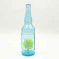 Blue water bottle dog chew toy with squeaker floating in pool for interactive play.