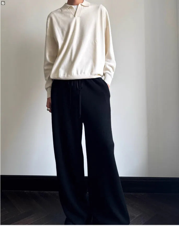 Men's milky white pure wool polo sweater with lapel collar and loose fit.