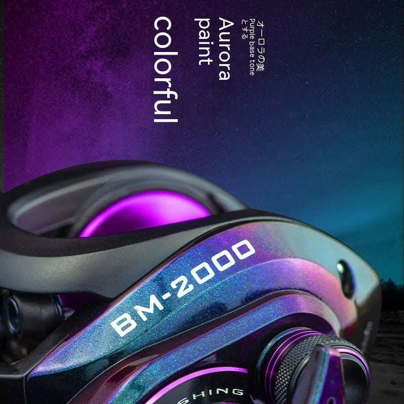 BM2000 fishing reel with colourful finish and water drop shape, showing left-hand and right-hand model options.
