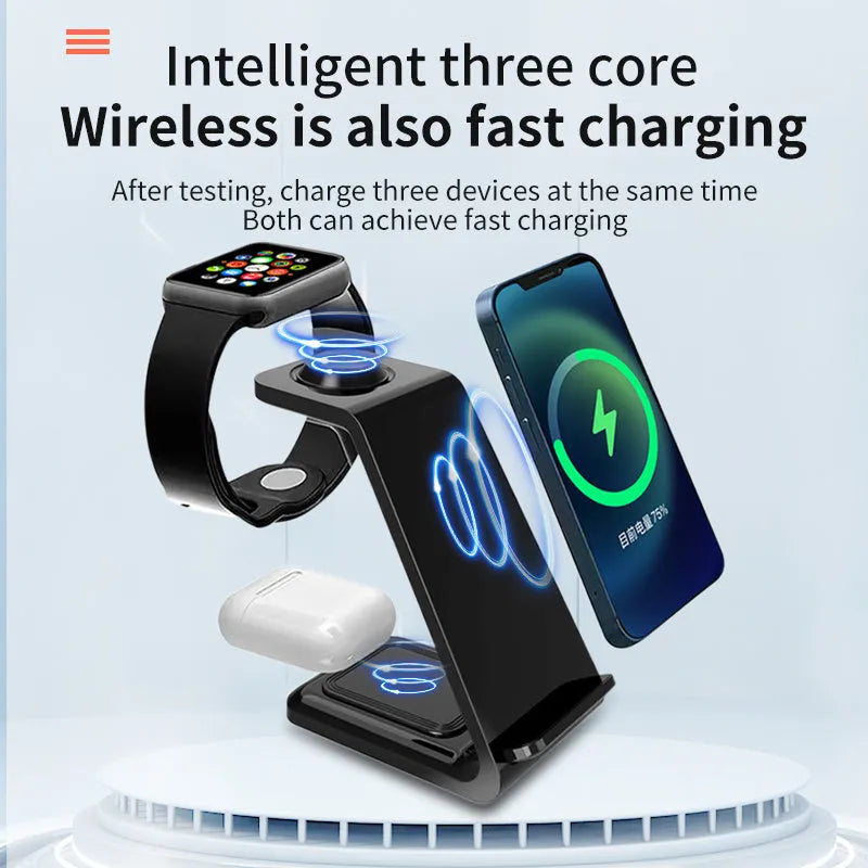 White upright wireless charging phone stand holding a mobile phone, with a black Type-C cable plugged in.