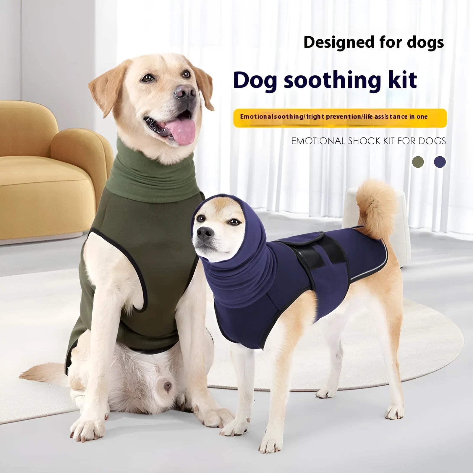 Dog wearing army green anti-anxiety jacket for stress relief during thunderstorms or travel
