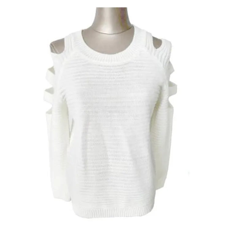 White women's knitted shirt with hollow-out crocheted pattern and long sleeves