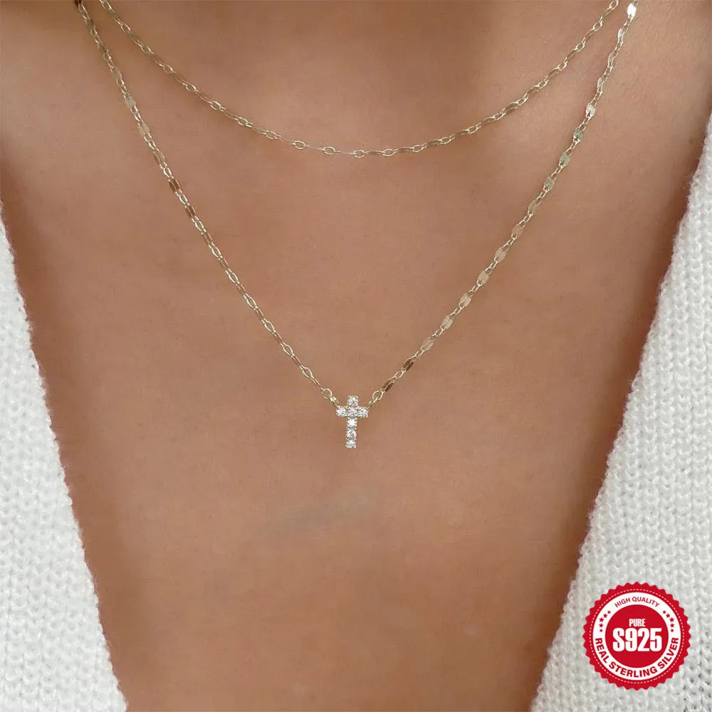 Sterling silver double layer twin diamond cross pendant necklace with S925 chain in geometric design