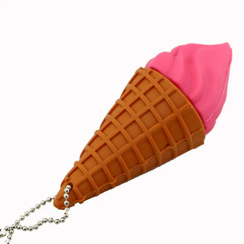 Mini ice cream shaped USB flash drive in pink colours on a white background.