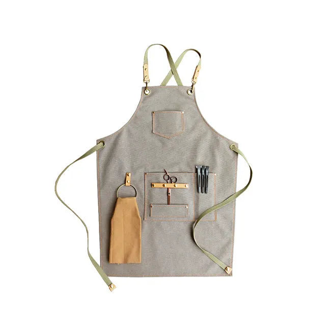 Canvas apron with cross-back straps in camel colour for kitchen and gardening protection