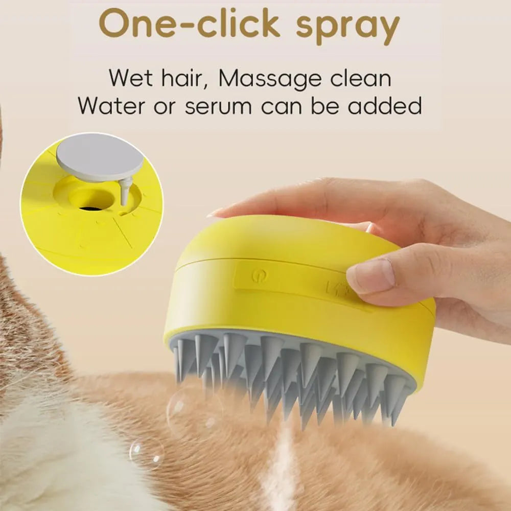 Rechargeable silicone steam brush for cats and dogs in green or yellow with ergonomic handle for removing loose hair.