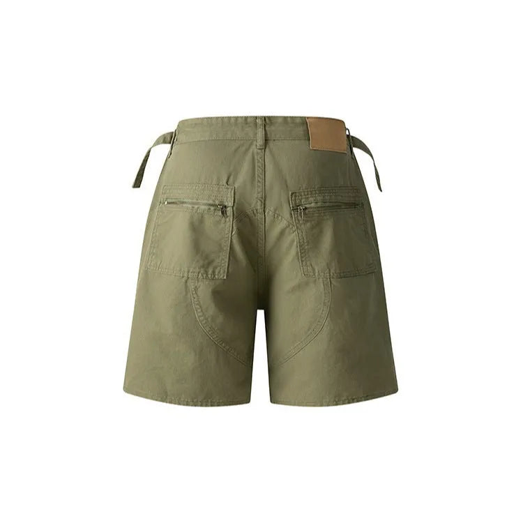 Retro workwear shorts in washed cotton with half elastic waistband shown in grey, green, camouflage, and blue colours