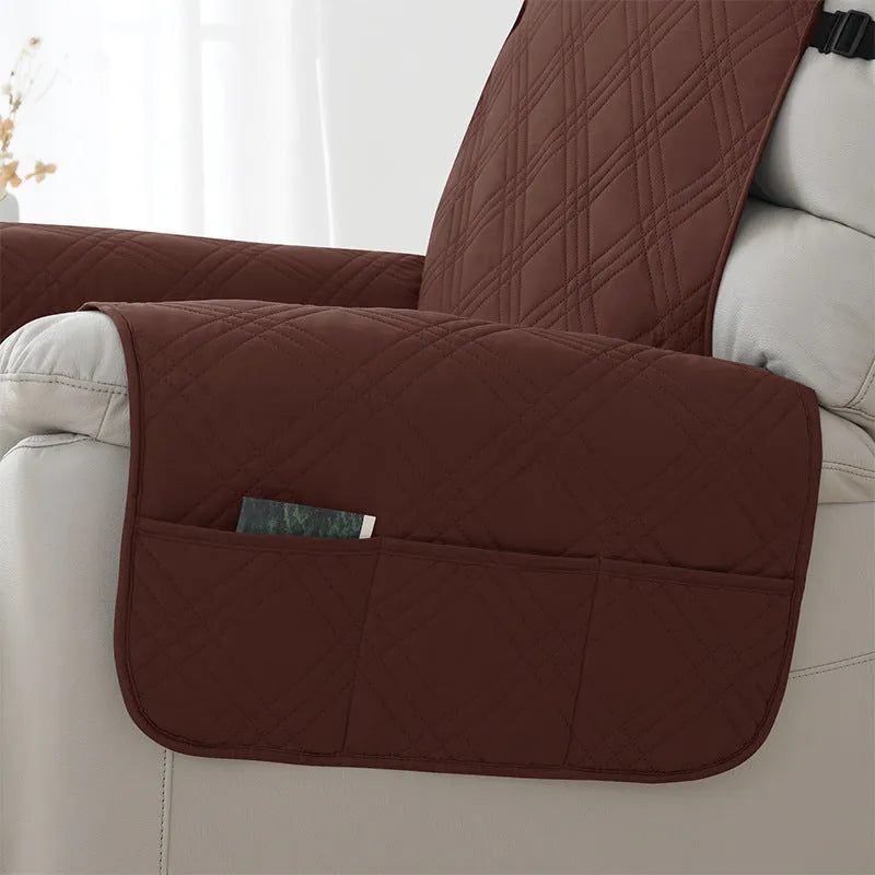 Chivas massage chair sofa cover in quilted burgundy fabric on a small single sofa