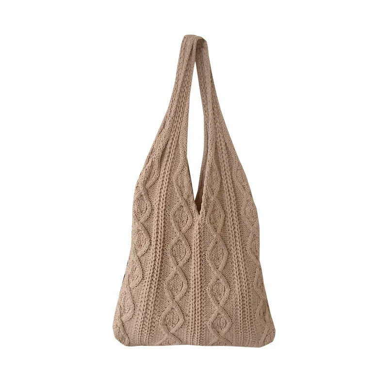 Women's retro crochet knitted woolen yarn shoulder tote bag showing hollow texture and double straps