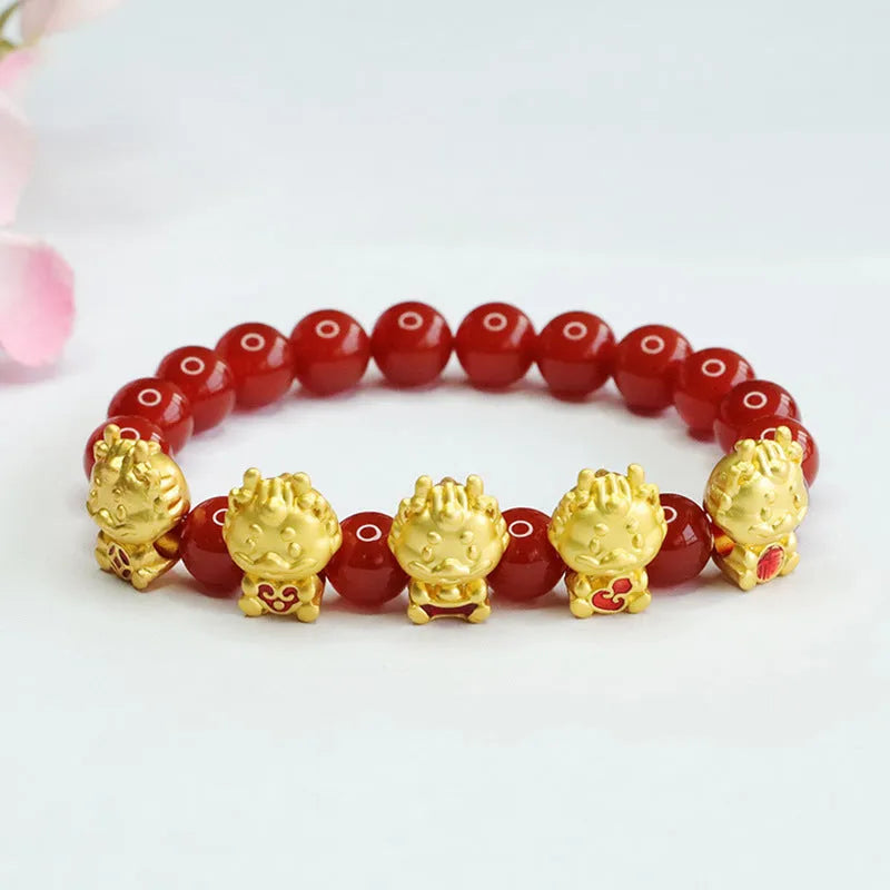Red agate bracelet with Chinese dragon charm and 8mm beads