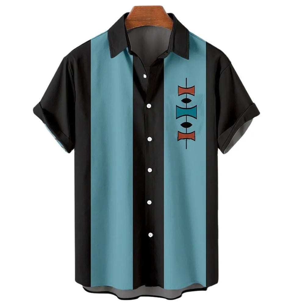 Men's striped Hawaiian short sleeve casual shirt on a hanger.
