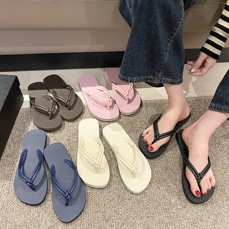 PVC casual flip flops with toe covering design in pink, beige, coffee, dark blue or black-white colours