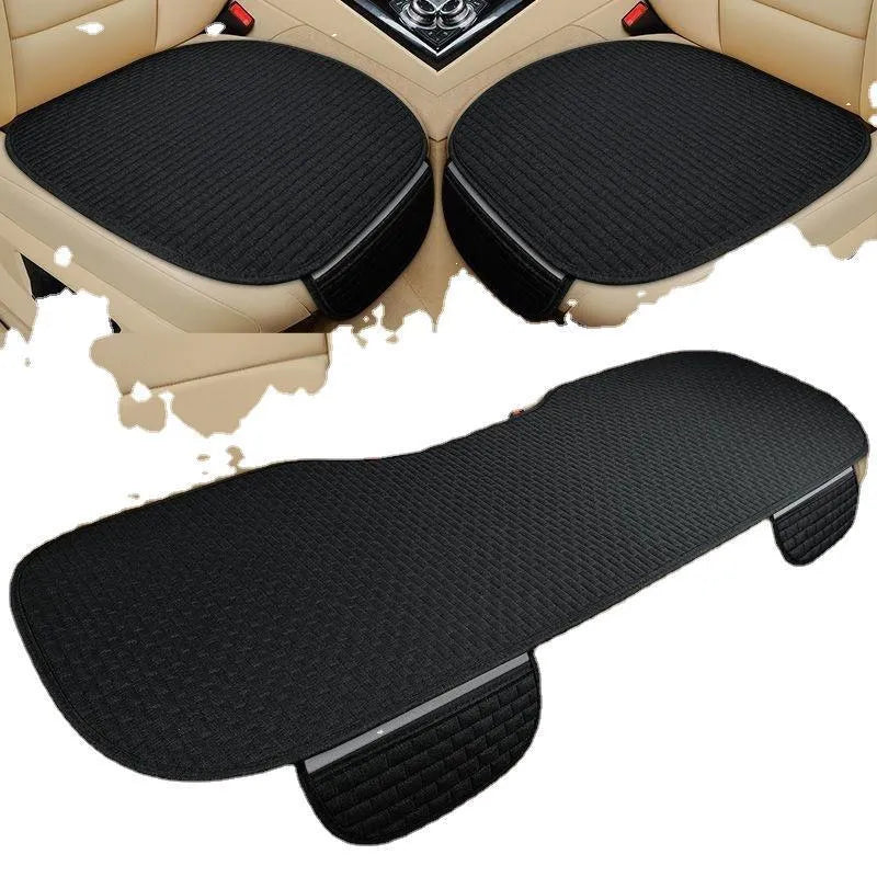 Linen car cushion with hemmed edges in plaid pattern for business vehicle seating
