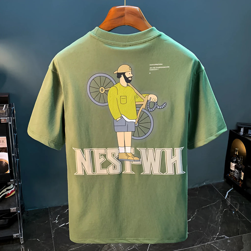 Green loose-fit men's t-shirt with a printed design on the front, featuring short sleeves.