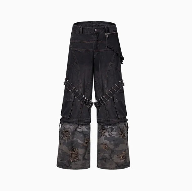 Men's grey jeans with camouflage print panels and ribbed texture panels on the legs.