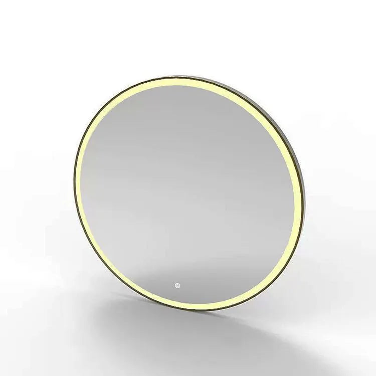 Round black framed wall-mounted LED smart bathroom mirror showing touch control and three light colours.