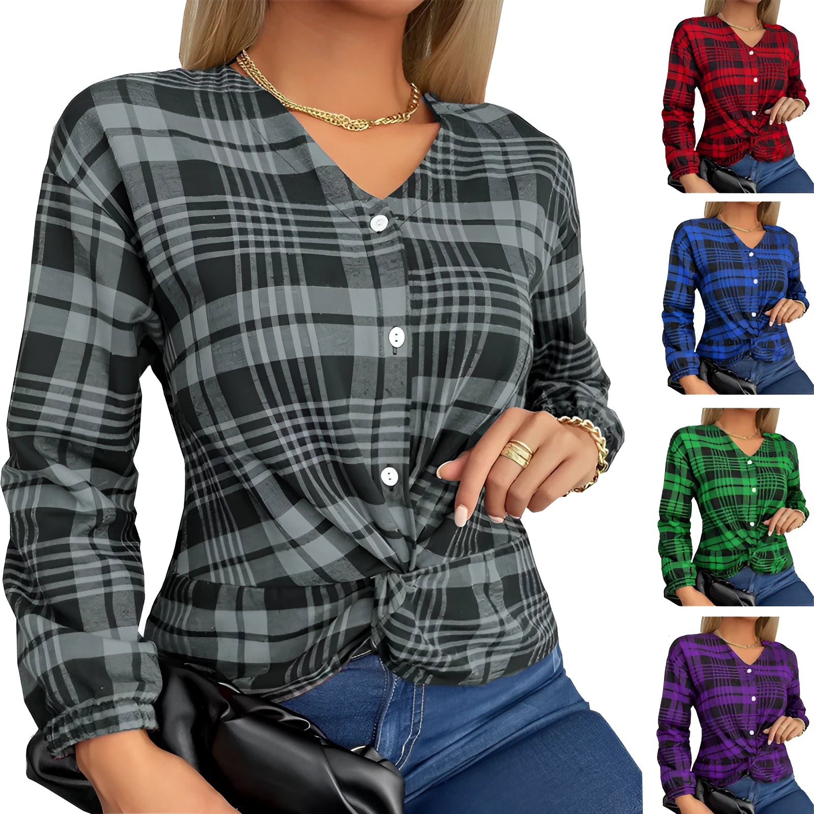 Women's loose plaid casual shirt in purple, gray, or red colours with creative pattern and regular sleeves