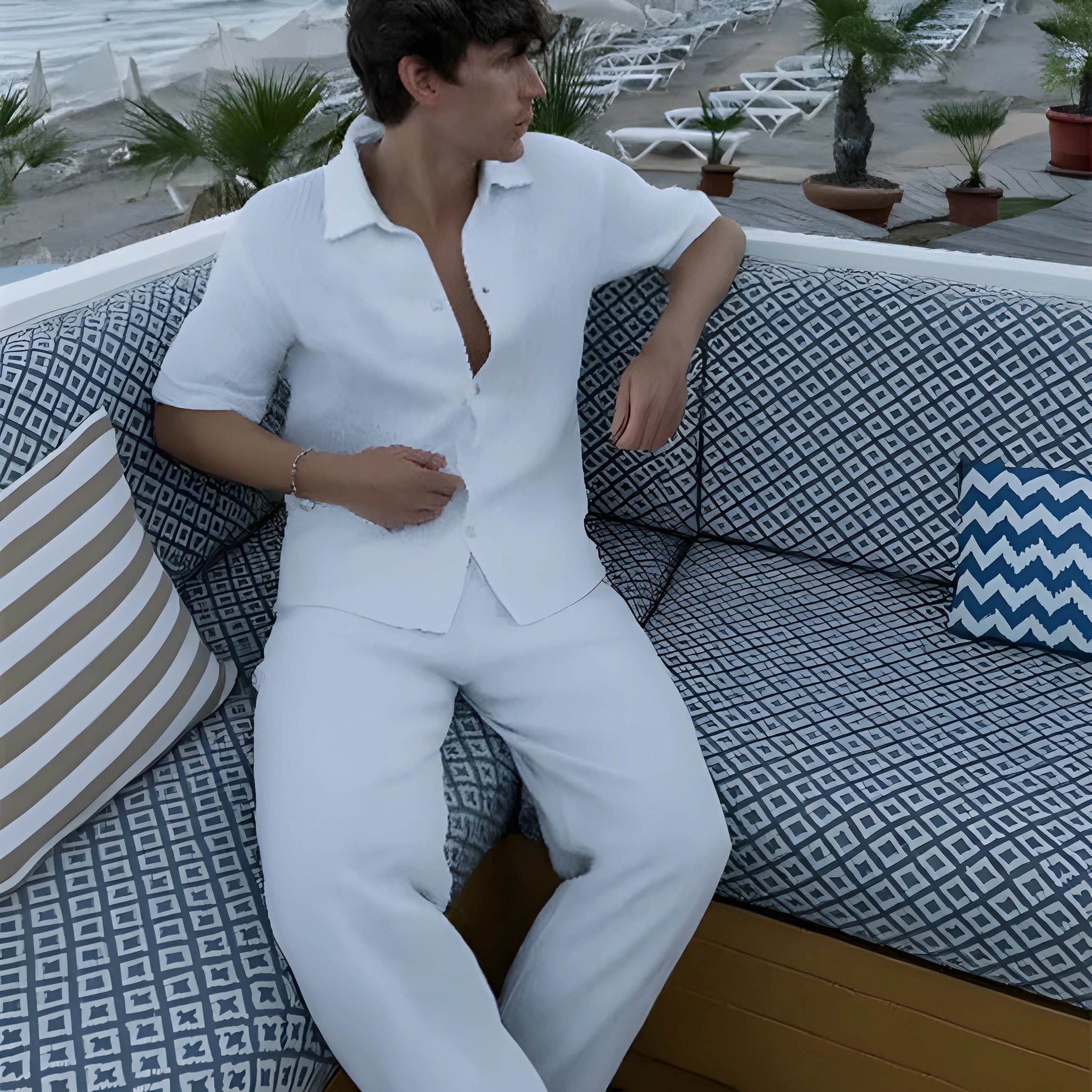 Printed polyester zipper sweater jacket and matching trousers street hipster two-piece suit set.