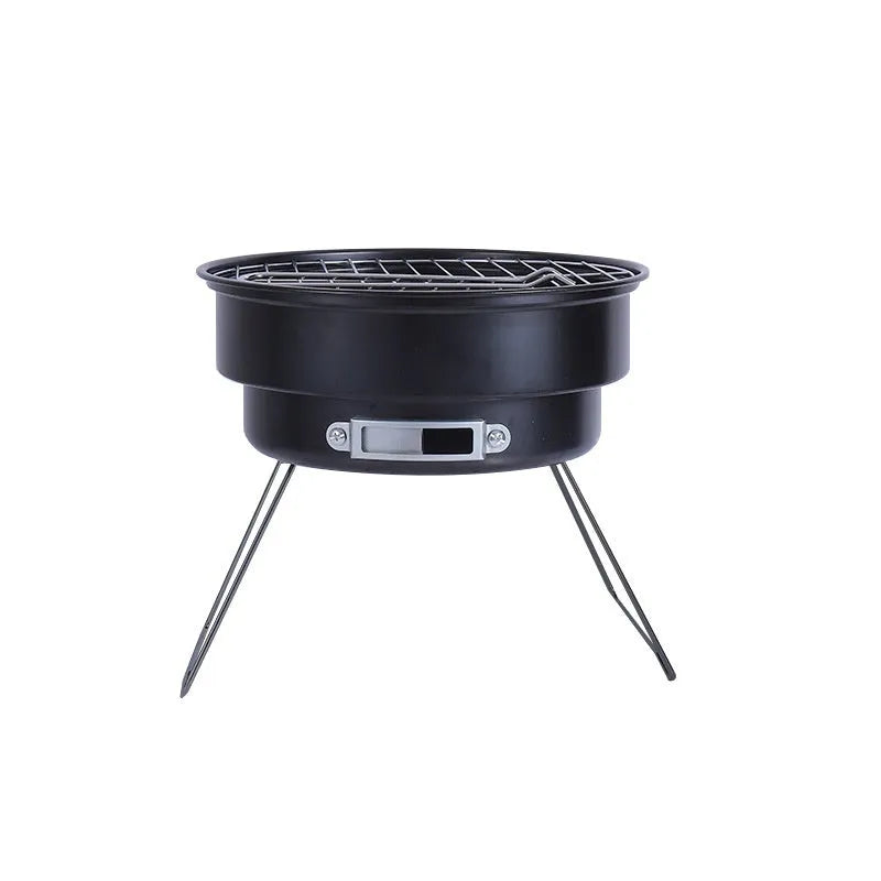 Small folding round ice stove with charcoal barbecue grill, mesh, and furnace legs for outdoor cooking