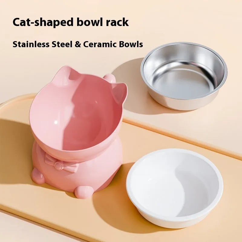 Stainless steel slanted anti-fall cat bowl in yellow on a non-slip base.