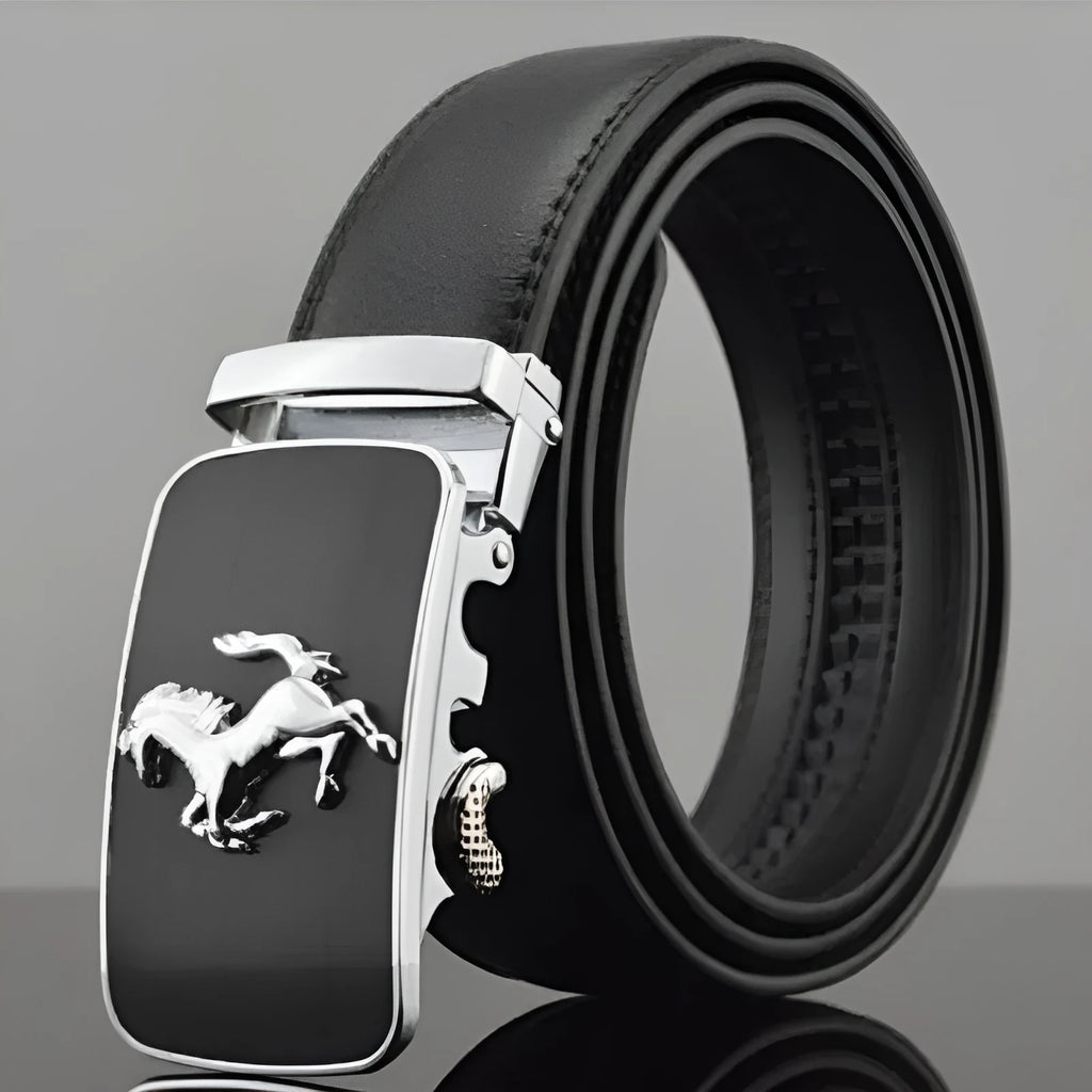 Men's black leather belt with automatic buckle mechanism measuring 3.5cm wide