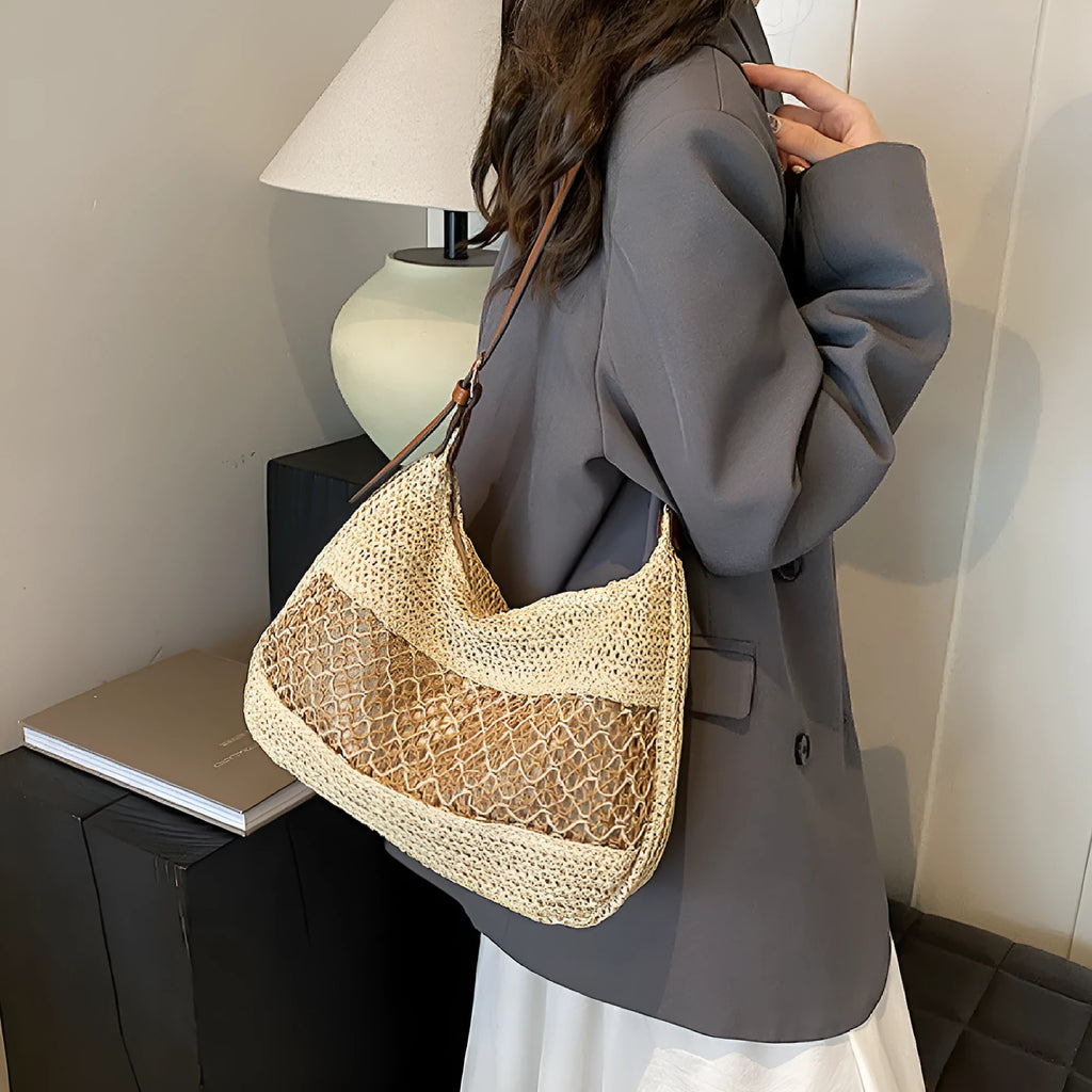 Women's casual straw cross body bag with sandwich pocket in khaki colour