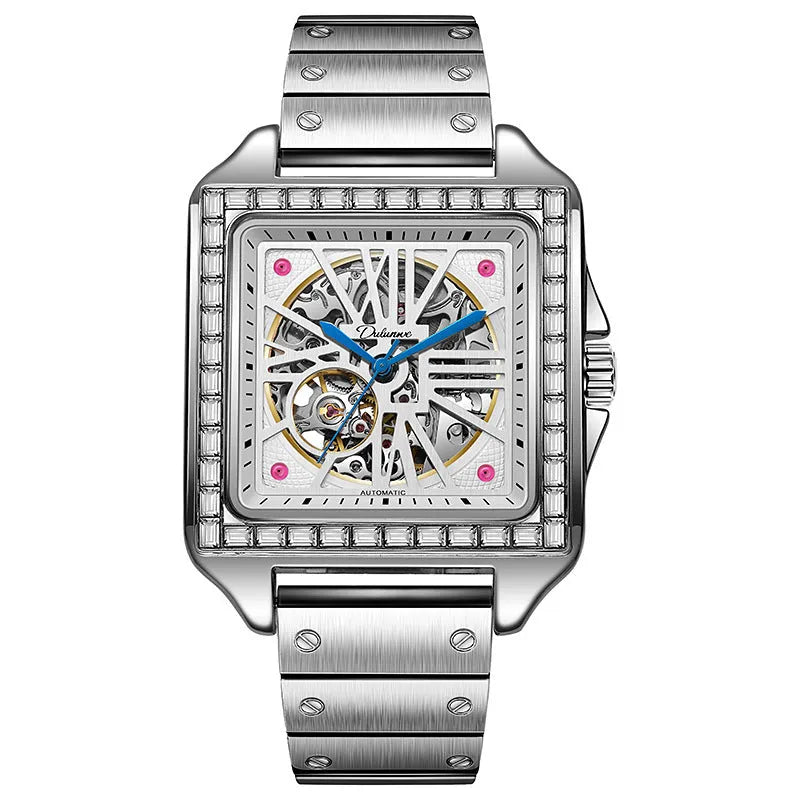 Men's square automatic watch with diamond studs on case, business style with black or white strap options.