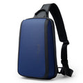 Blue Oxford cloth chest bag for men showing double shoulder strap connectors and soft handle