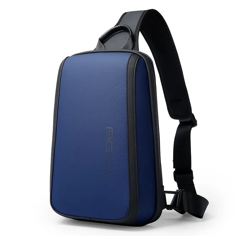 Blue Oxford cloth chest bag for men showing double shoulder strap connectors and soft handle