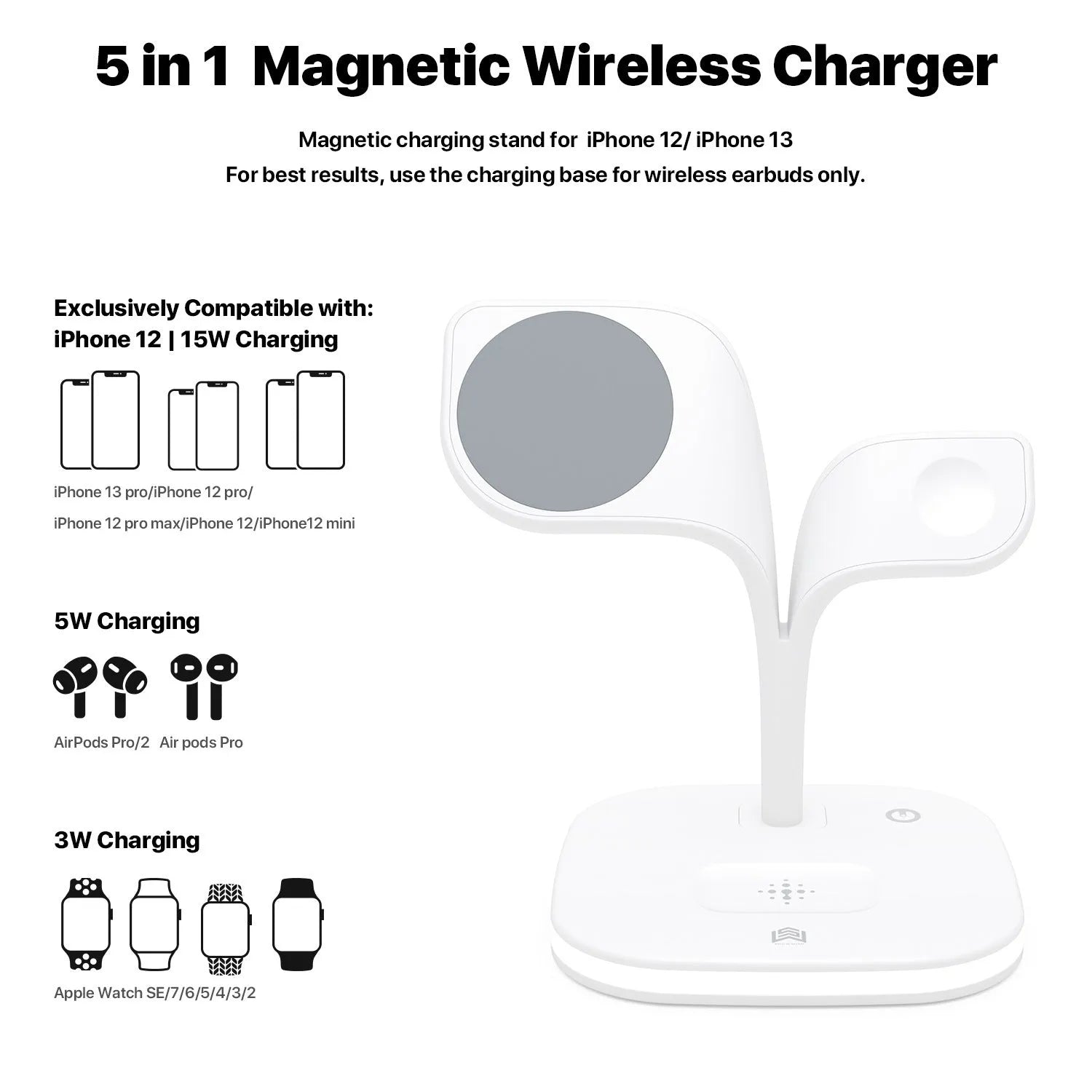 Black wireless charging stand holding a phone, a smartwatch, and wireless earbuds on a desk.