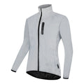 Silver waterproof polyester long sleeved coat on a hanger, showing front design.