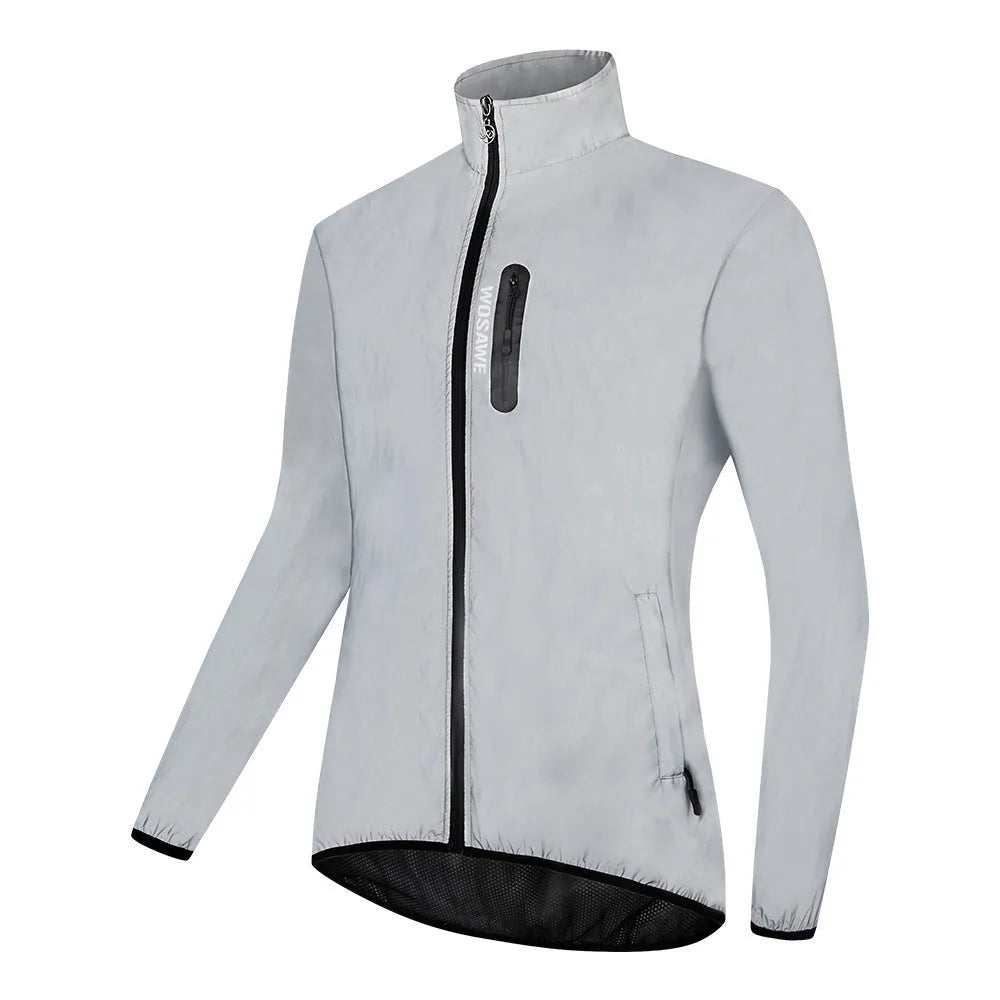 Silver waterproof polyester long sleeved coat on a hanger, showing front design.