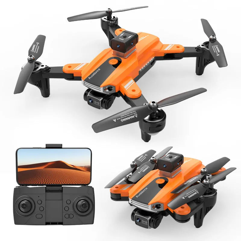 Orange quadcopter drone with dual cameras and obstacle avoidance sensors, compact size under 30cm