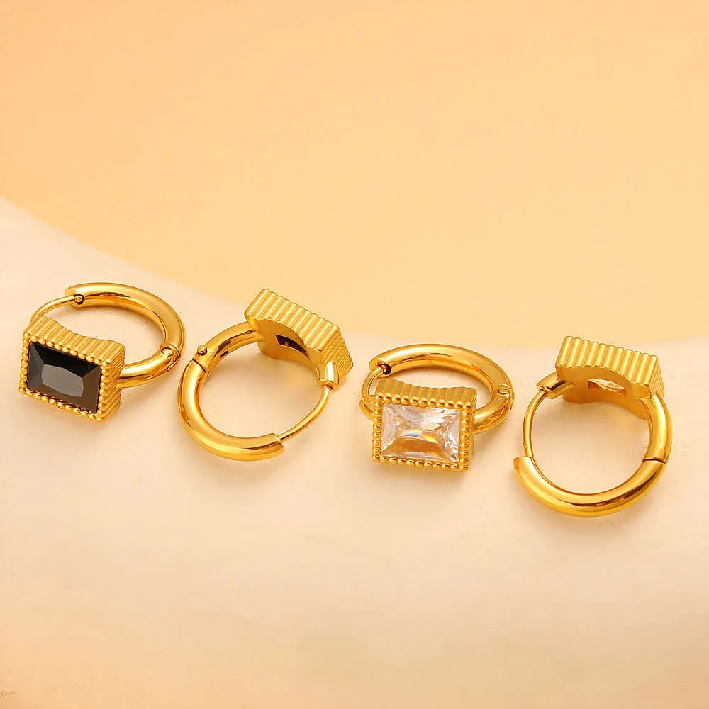 Square zircon geometric stainless steel earrings in white, black, or green colours