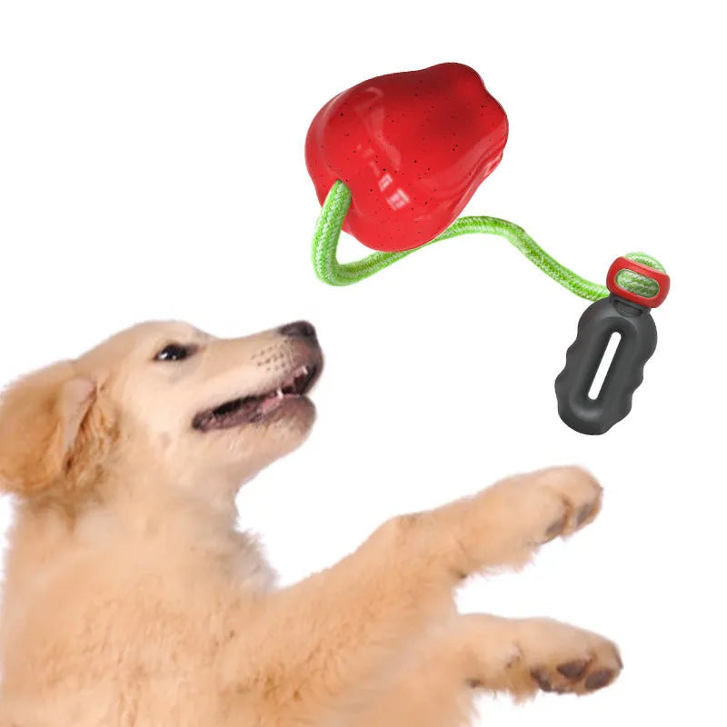Green apple-shaped plastic dog toy with food dropping ball for interactive feeding and dental chewing