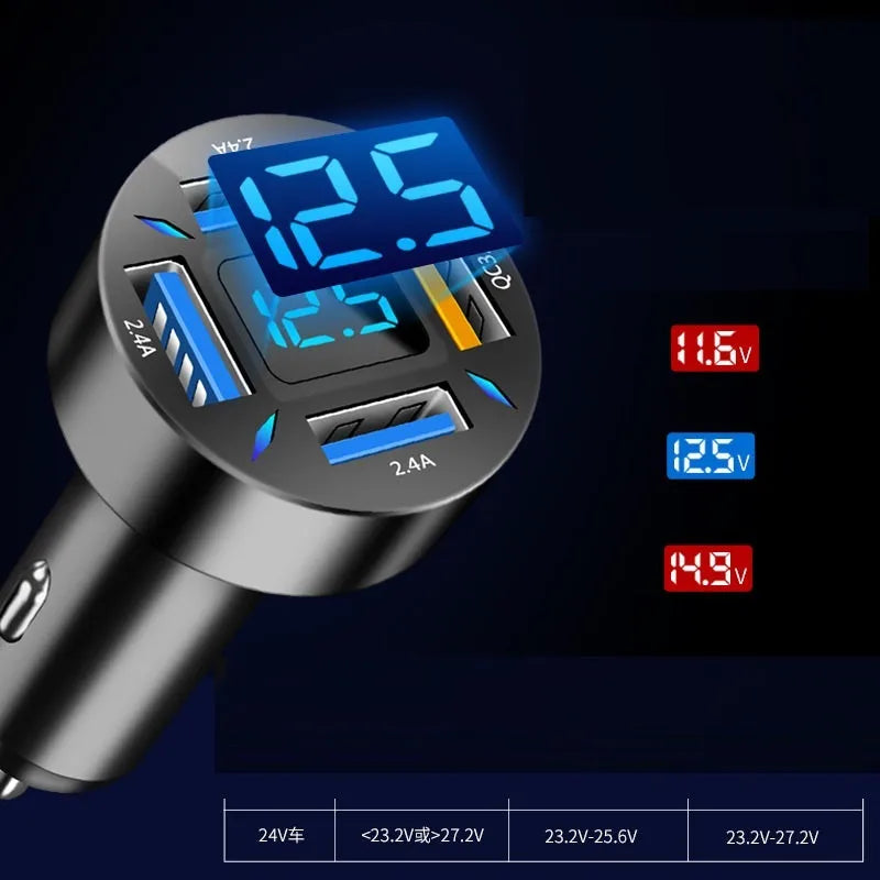 Black four-port USB car charger with LED digital display, compact design for vehicle use.