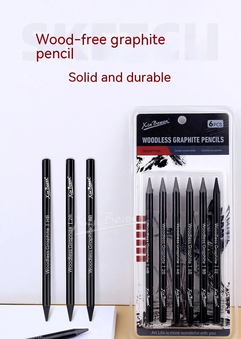 Wood-free graphite sketching pencil set with six different grade pencils for art drawing