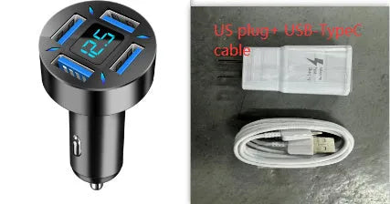 Black four-port USB car charger with LED digital display, compact design for vehicle use.