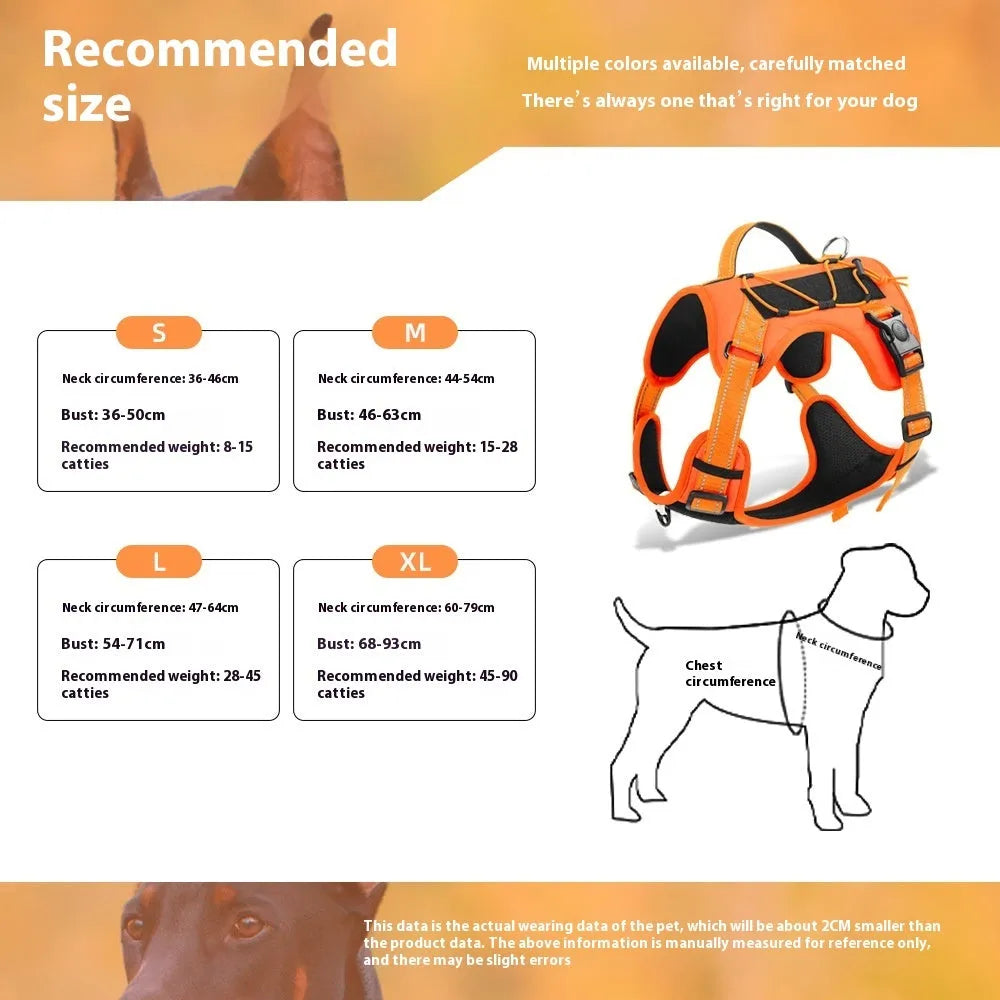 Orange reflective dog vest harness with integrated black hand-grip rope leash on a dog.