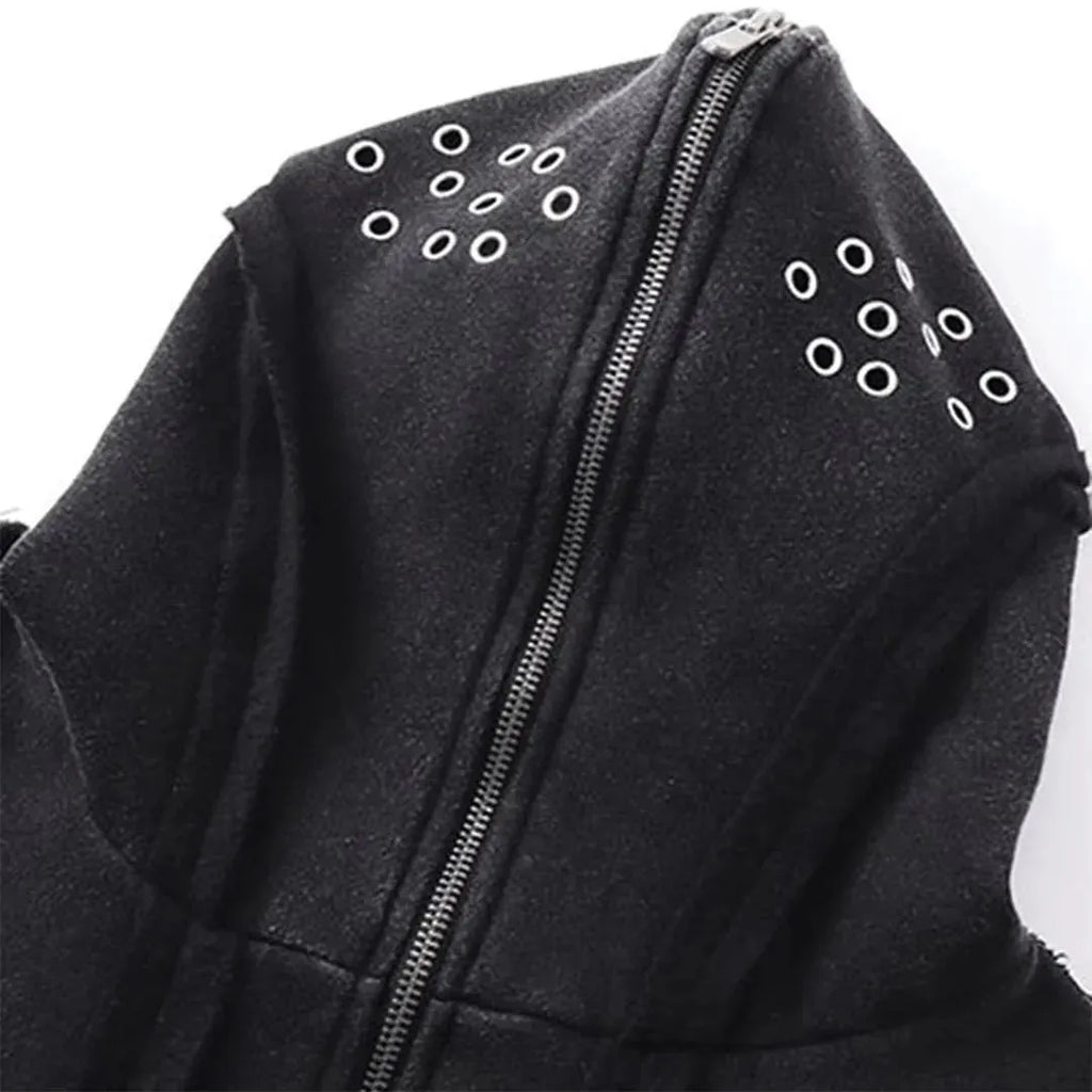 Black retro loose hooded cotton coat with padding and front zip.