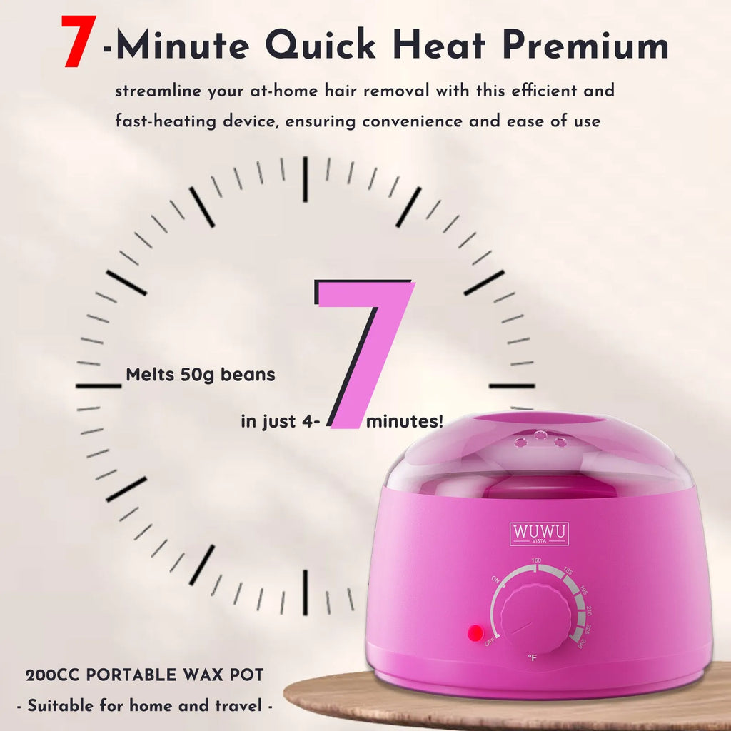 27-piece hair removal wax kit showing wax warmer machine, four coloured wax beads, wax sticks and guidebook
