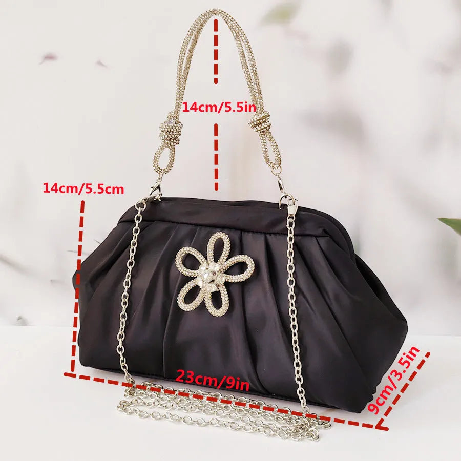 Women's soft polyester shoulder messenger bag with decorative folds, diamonds and chains in shell shape