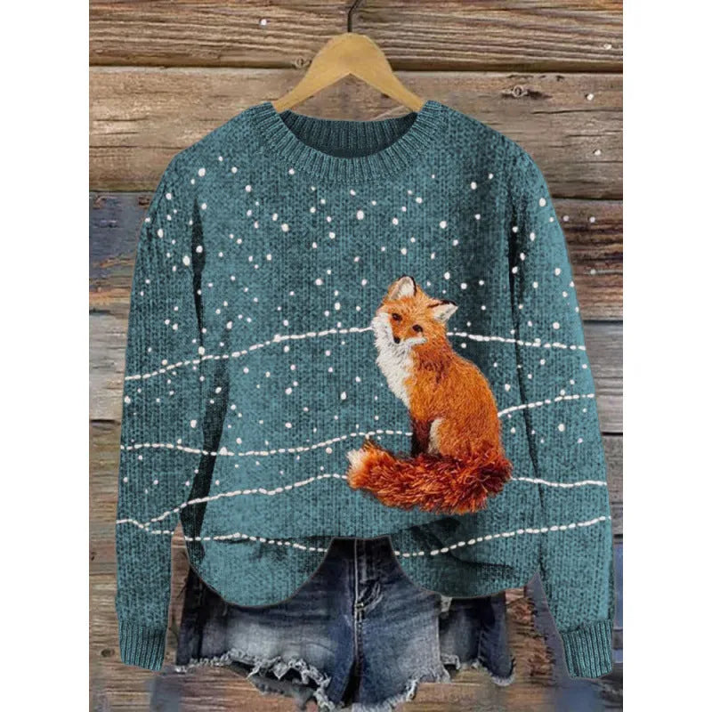 Women's little flower digital printed round neck sweater with floral pattern in polyester knit fabric
