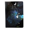 A5 notebook with luminous cover open to show an internal colour illustration, in deep blue colour.
