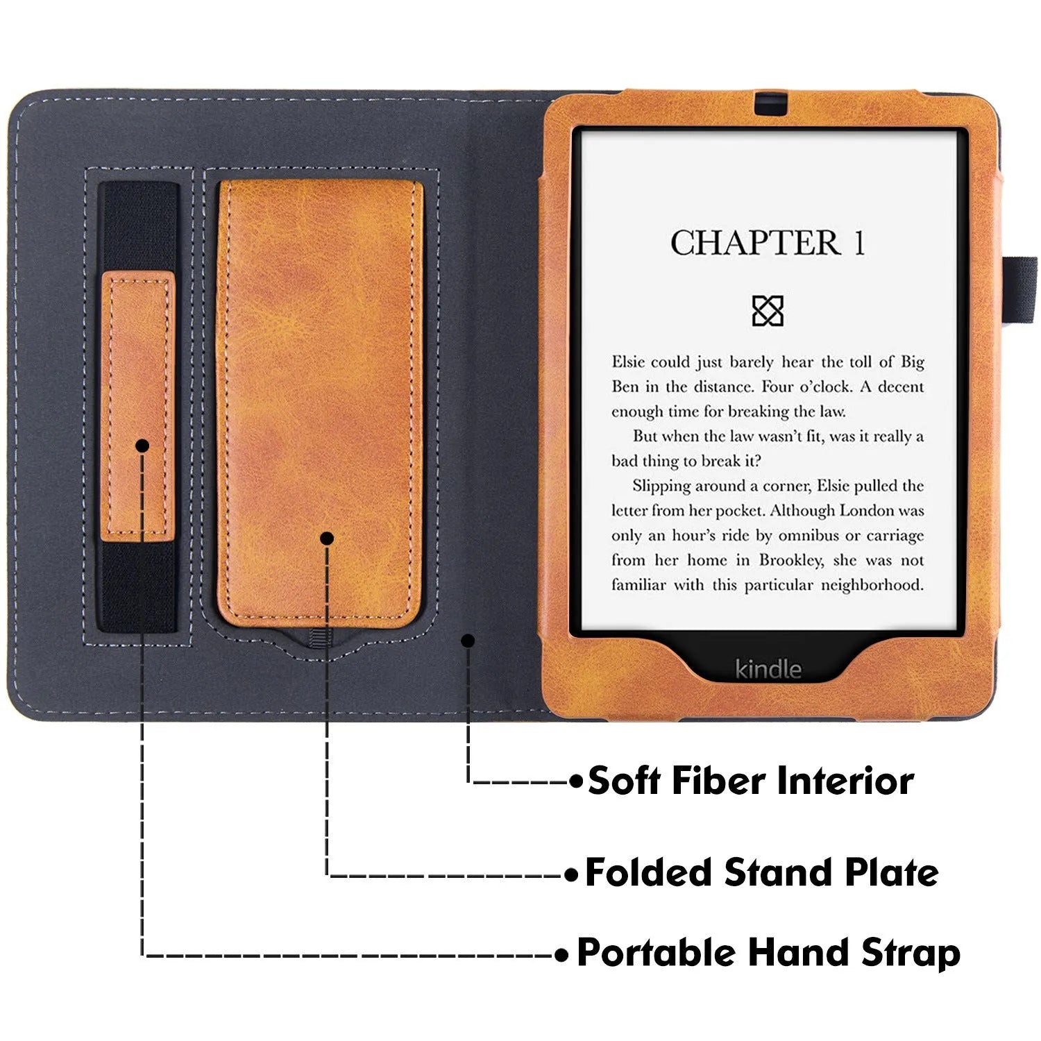 Kindle Paperwhite 11 leather case with wrist splint bracket in calfskin with microfiber lining