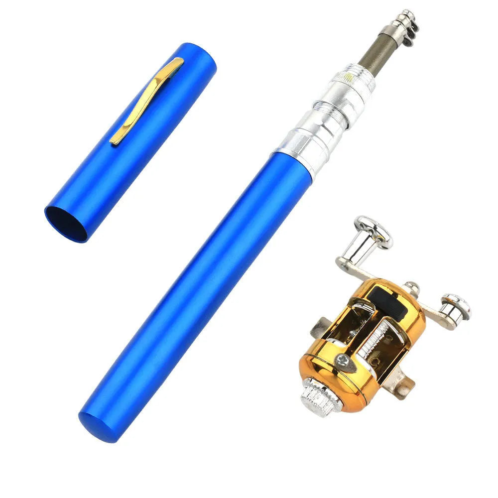 Telescopic pocket fishing rod and reel kit showing extended 1m rod and compact aluminium storage case