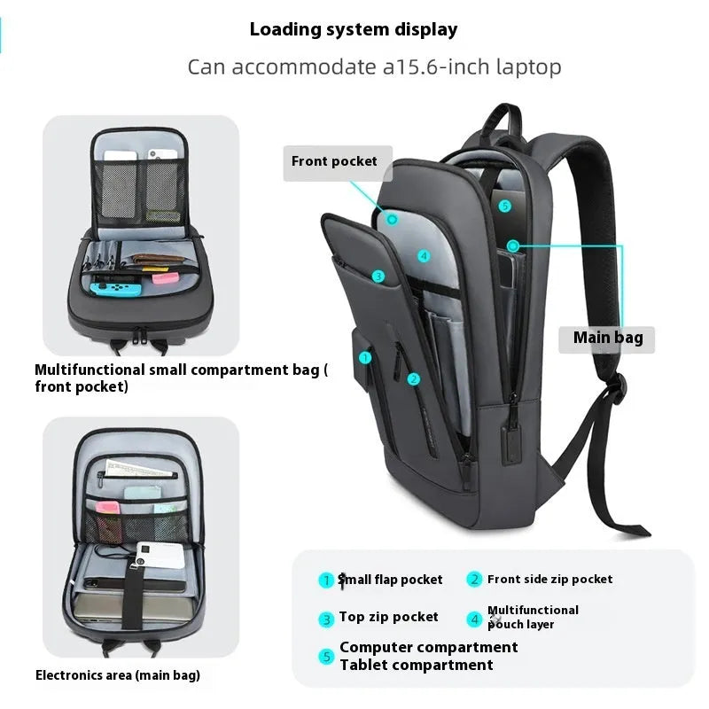 Lightweight Oxford cloth men's business backpack in dark grey with sewing line details